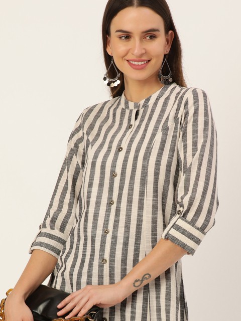 

AMUKTI Women White & Grey Striped Straight Kurta