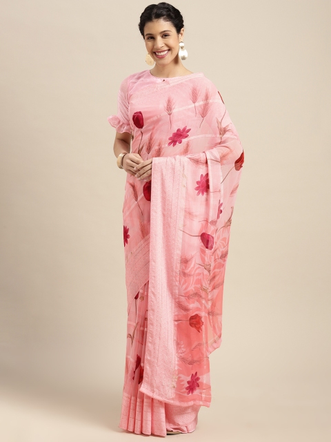 

Satrani Pink Floral Zari Stripes Pure Georgette Saree