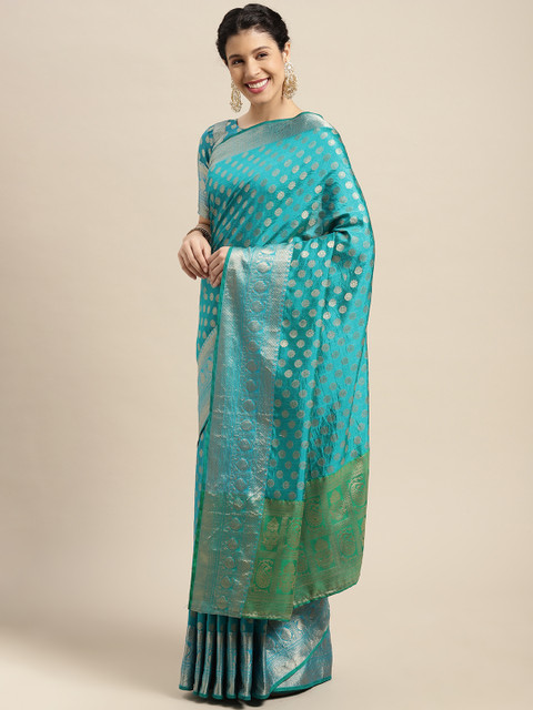 

Satrani Turquoise Blue & Green Ethnic Motifs Zari Kanjeevaram Saree