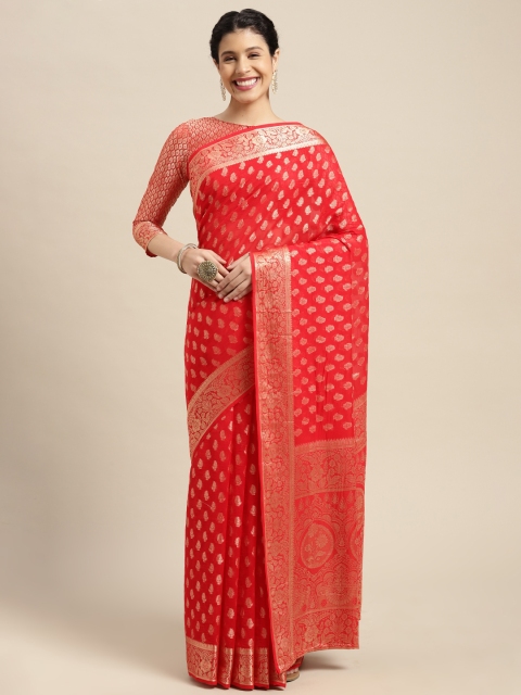 

Satrani Red & Gold-Toned Ethnic Motifs Zari Banarasi Saree