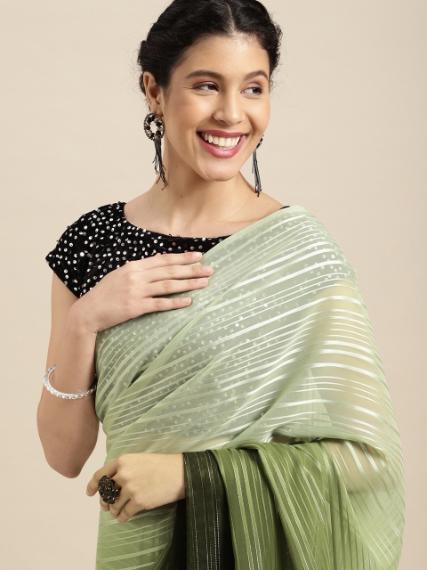 

Satrani Olive Green & Fluorescent Green Ombre Striped Zari Saree