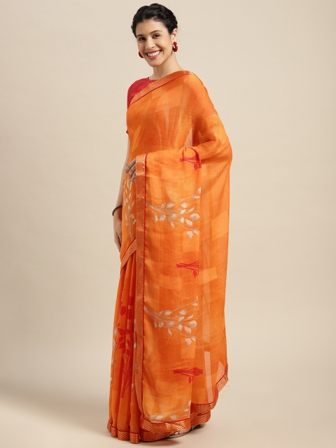 

Satrani Orange Floral Zari Pure Chiffon Saree