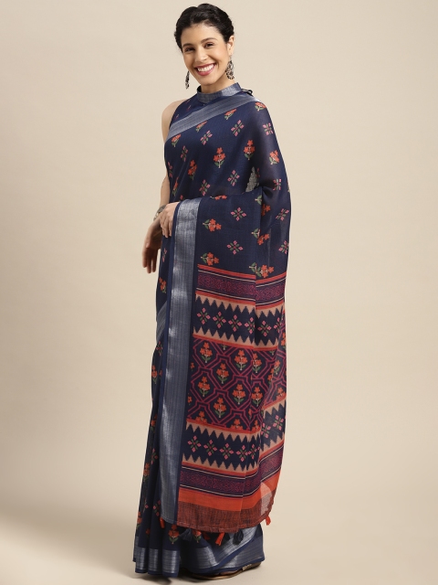 

Satrani Navy Blue & Orange Ethnic Motifs Zari Pure Cotton Saree