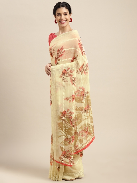 

Satrani Beige & Olive Green Floral Pure Georgette Saree