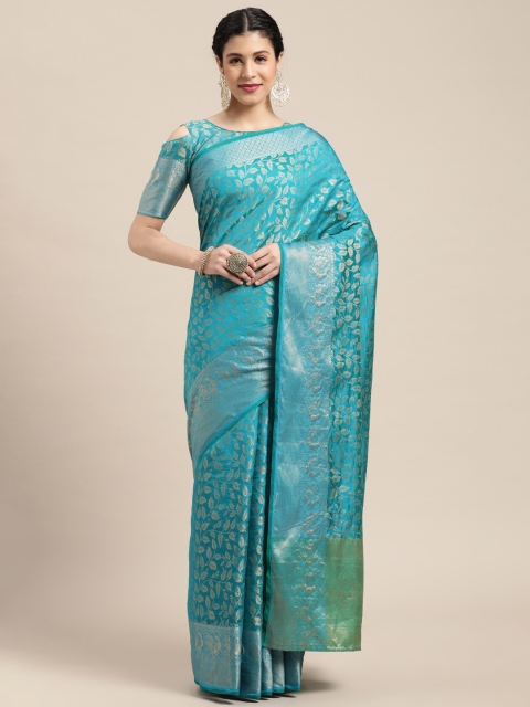 

Mitera Turquoise Blue & Green Ethnic Motifs Zari Banarasi Saree