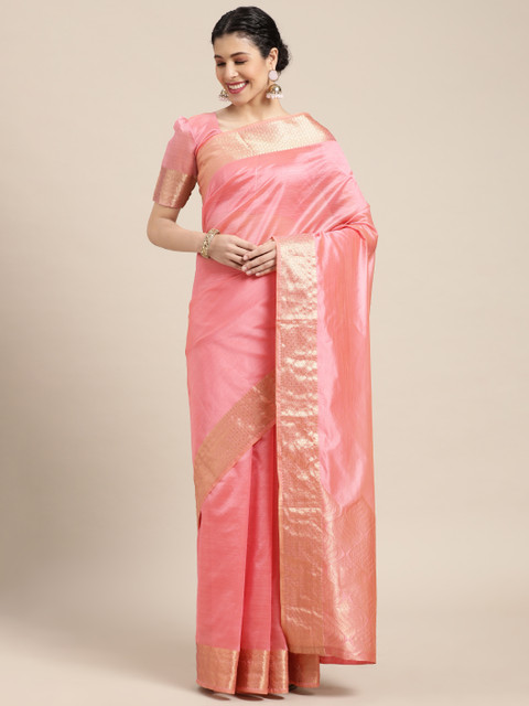 

Mitera Pink & Gold-Toned Woven Design Zari Banarasi Saree