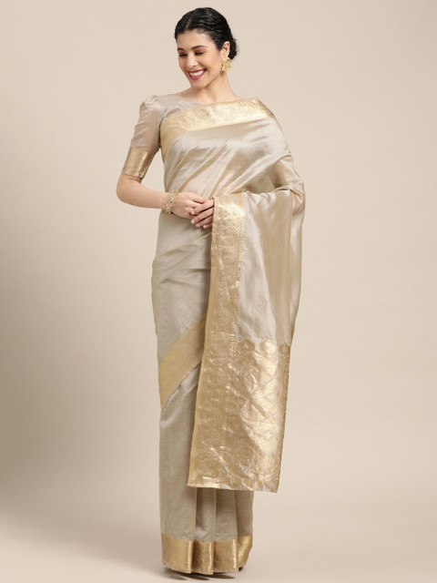 

Mitera Grey & Gold-Toned Zari Banarasi Saree
