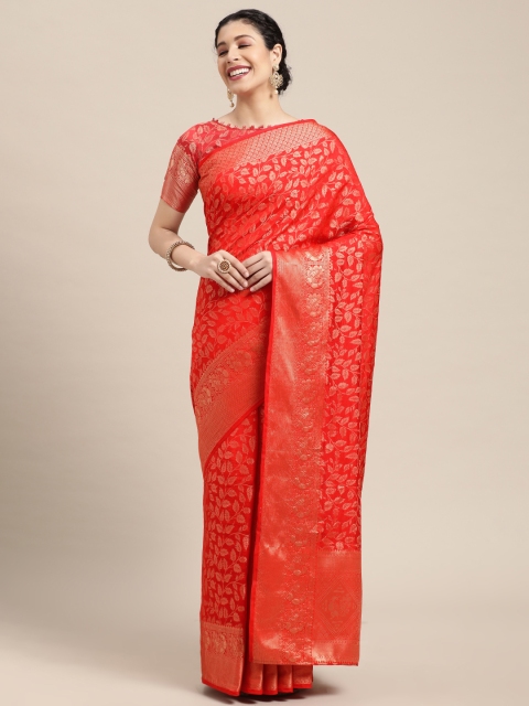 

Mitera Red & Gold-Toned Ethnic Motifs Zari Banarasi Saree