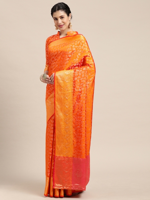 

Mitera Orange & Pink Ethnic Motifs Zari Banarasi Saree