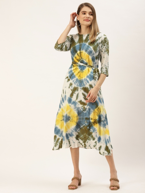 

Maaesa Women White & Blue Tie and Dye Keyhole Neck A-Line Midi Dress