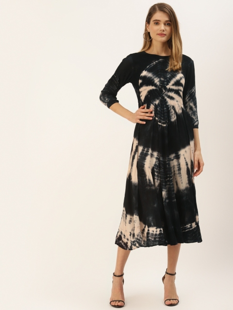 

Maaesa Women Black & Beige Tie and Dye A-Line Midi Dress