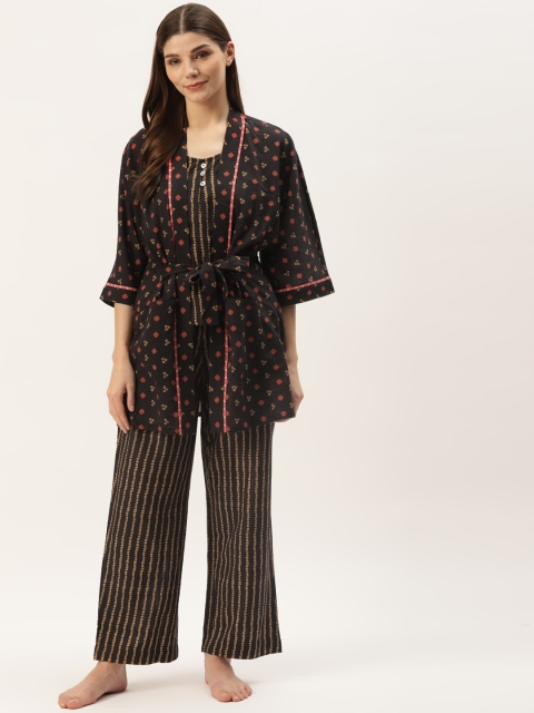 

DREAMSS BY SHILPA SHETTY Women Black & Beige Striped Night suit With Robe