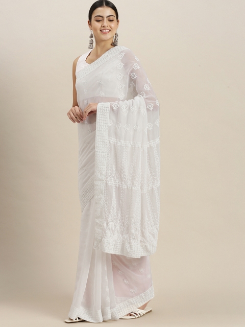 

SWAGG INDIA White Ethnic Motifs Chikankari Embroidered Saree