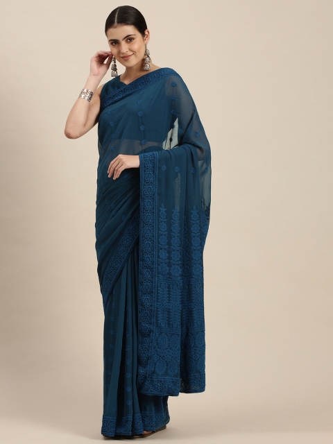 

SWAGG INDIA Teal Ethnic Motifs Chikankari Embroidered Saree