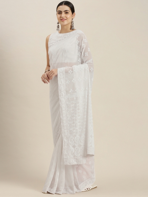 

SWAGG INDIA White Ethnic Motifs Chikankari Embroidered Saree