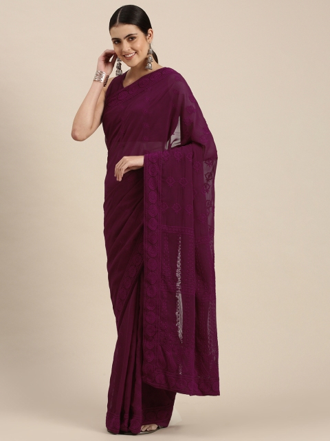 

SWAGG INDIA Purple Ethnic Motifs Chikankari Embroidered Saree