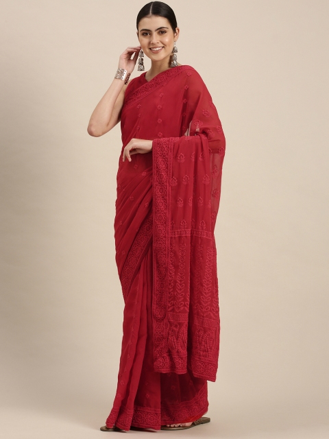 

SWAGG INDIA Red Ethnic Motifs Chikankari Embroidered Saree