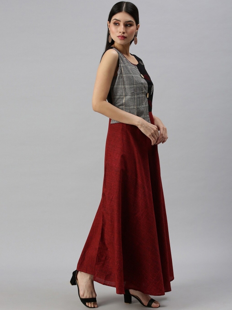 

SHOWOFF Maroon & Grey Checked Ethnic Maxi Dress