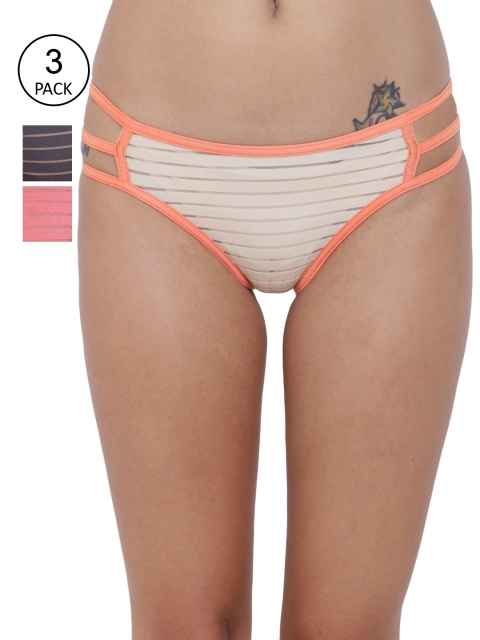 

BASIICS by La Intimo Women Pack Of 3 Self-Design Bikini Briefs, Coral