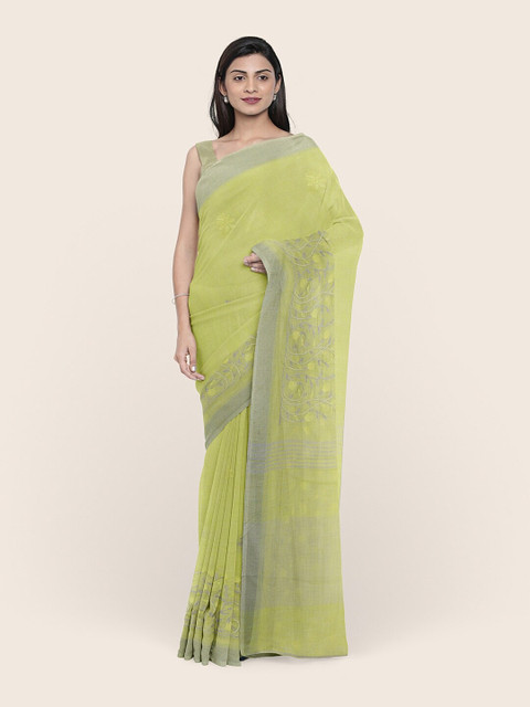 

Pothys Green & Grey Floral Linen Blend Saree
