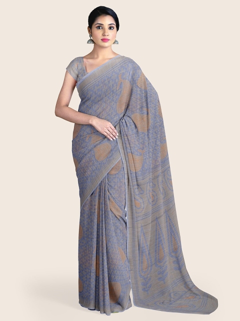 

Pothys Blue Ethnic Motifs Printed Poly Chiffon Saree