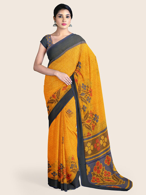 

Pothys Mustard & Navy Blue Floral Printed Zari Saree