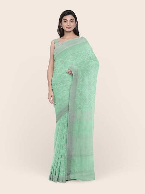 

Pothys Green Embroidered Linen Blend Saree