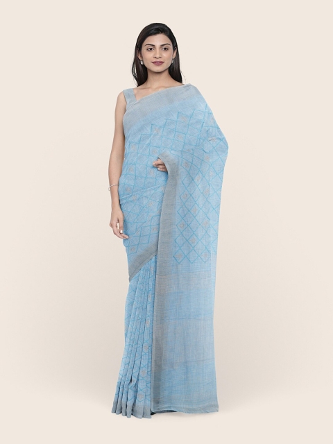 

Pothys Blue & Silver-Toned Zari Linen Blend Saree