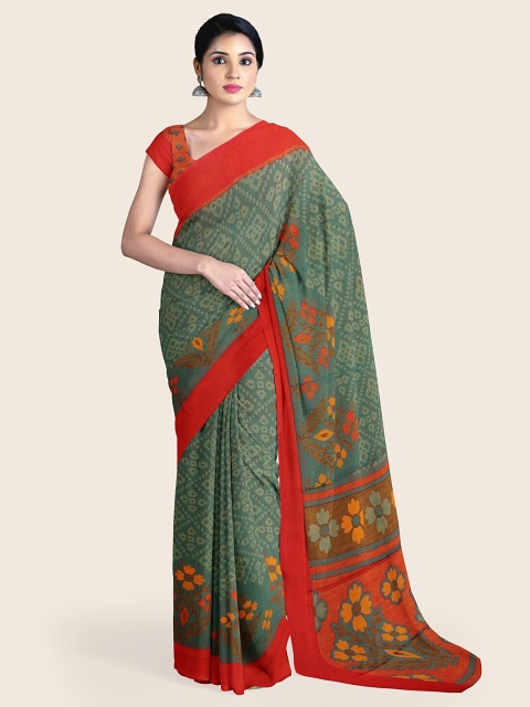 

Pothys Green & Red Floral Printed Saree