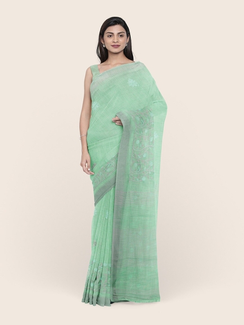 

Pothys Green & Grey Floral Embroidered Linen Blend Saree