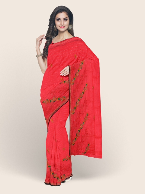 

Pothys Pink & Green Floral Embroidered Poly Chiffon Saree