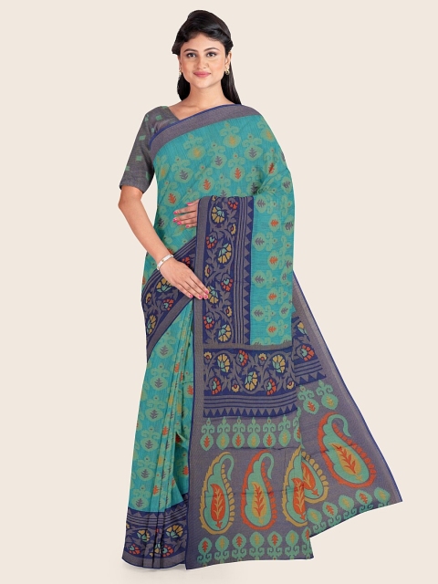

Pothys Blue & Orange Ethnic Motifs Poly Chiffon Saree