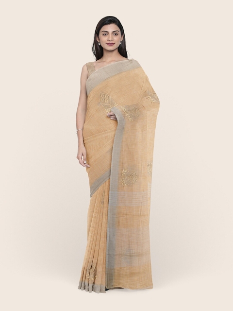 

Pothys Cream-Coloured Embroidered Linen Blend Saree