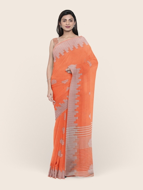 

Pothys Peach-Coloured & Silver-Toned Ethnic Motifs Zari Saree