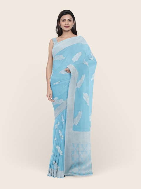 

Pothys Blue & Silver-Toned Floral Woven Design Zari Cotton Blend Saree