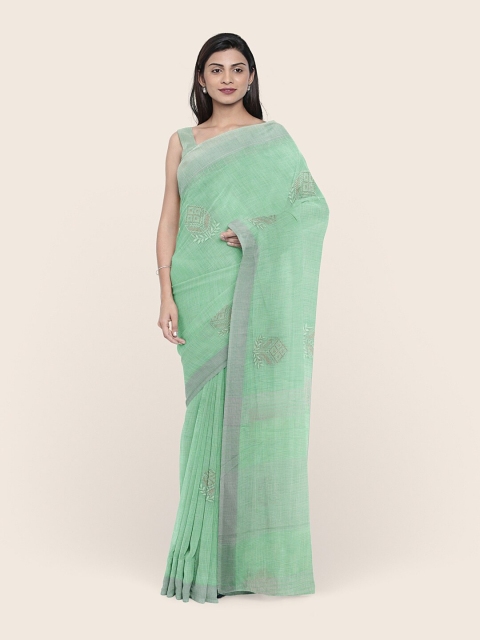 

Pothys Green & Silver-Toned Floral Embroidered Linen Blend Saree