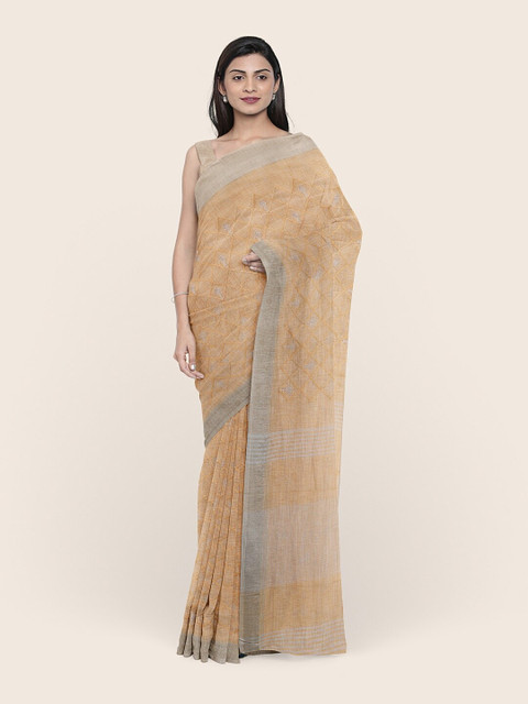 

Pothys Cream-Coloured Embroidered Linen Blend Saree