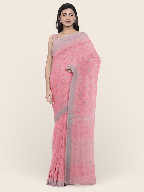 

Pothys Pink & Grey Linen Blend Saree