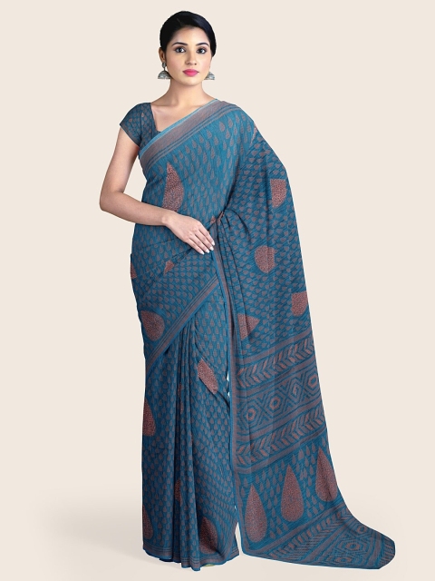 

Pothys Blue Ethnic Motifs Printed Poly Chiffon Saree