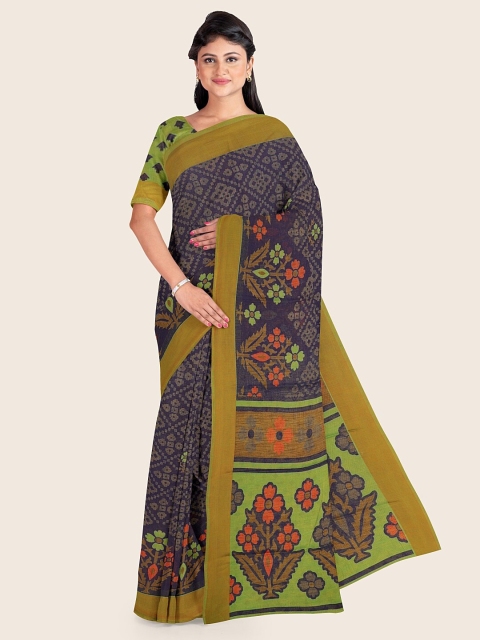 

Pothys Navy Blue & Olive Green Poly Chiffon Saree