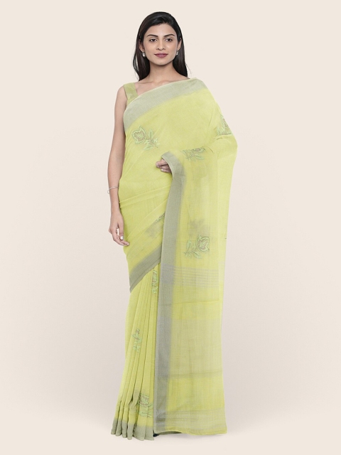 

Pothys Green & Silver-Toned Floral Zari Linen Blend Saree