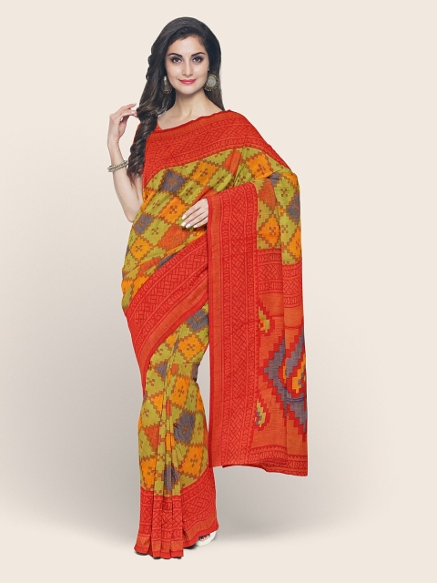 

Pothys Green & Red Geometric Printed Saree