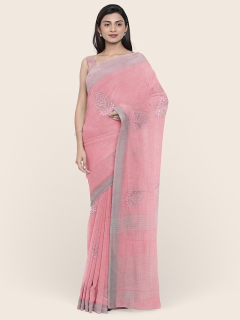 

Pothys Pink Embroidered Linen Blend Saree