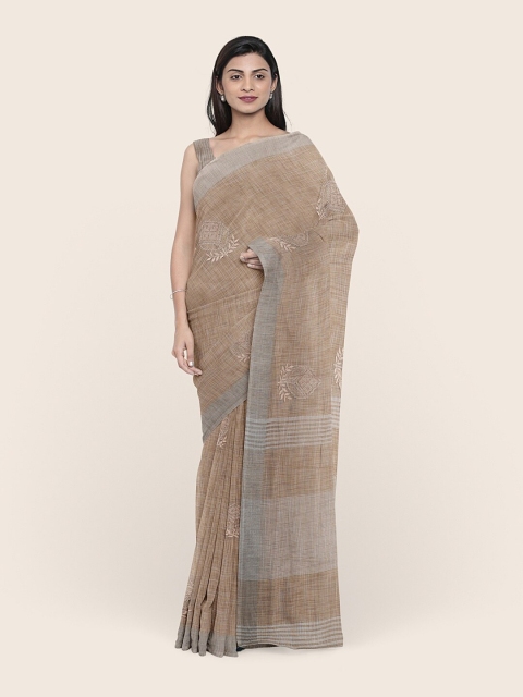 

Pothys Brown & Beige Ethnic Motifs Embroidered Linen Blend Saree