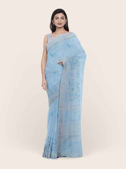 

Pothys Blue & Grey Ethnic Motifs Embroidered Linen Blend Saree