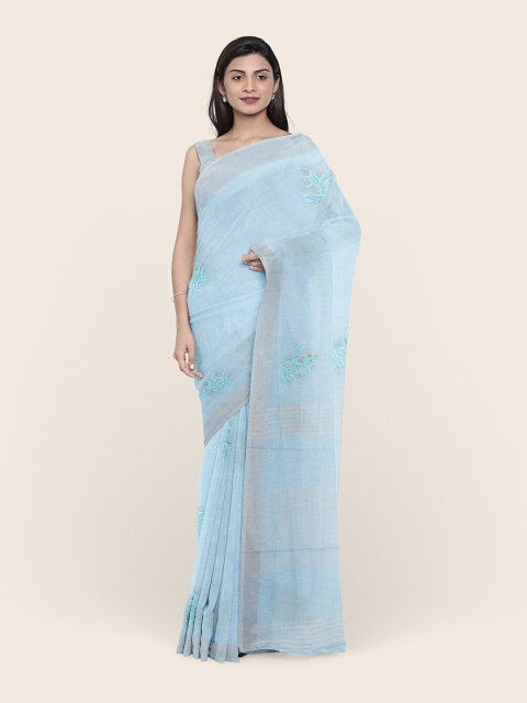 

Pothys Blue & Silver-Toned Floral Linen Blend Saree