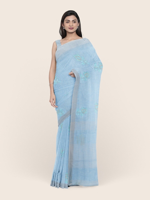 

Pothys Blue & Silver-Toned Floral Beads and Stones Linen Blend Saree