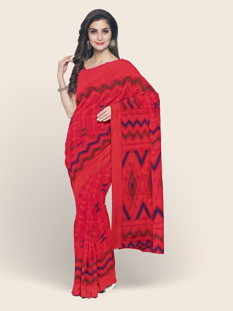 

Pothys Pink Geometric Printed Poly Chiffon Saree