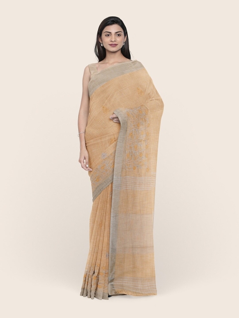 

Pothys Cream-Coloured & Grey Ethnic Motifs Linen Blend Saree