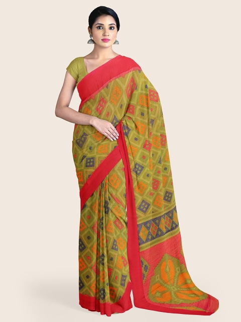 

Pothys Green Geometric Printed Poly Chiffon Saree